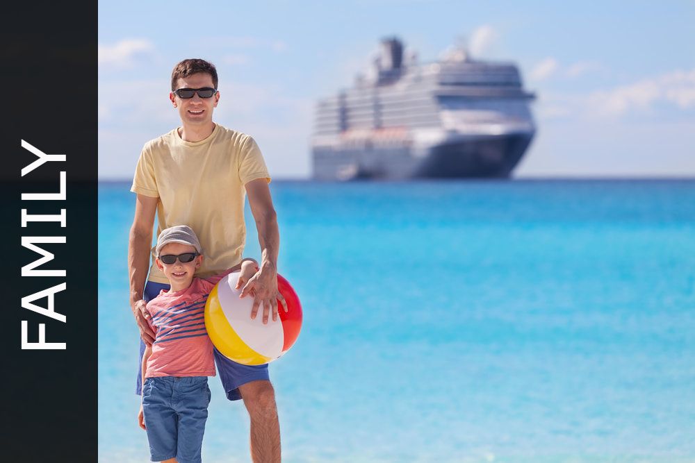 Family on beach with cruise ship