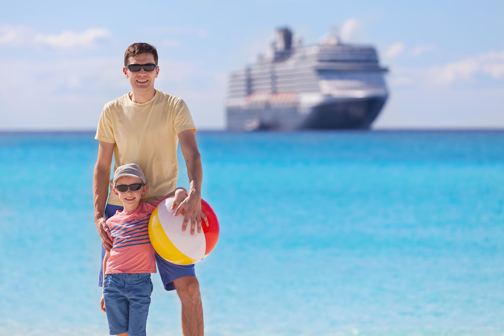Family on beach with cruise ship